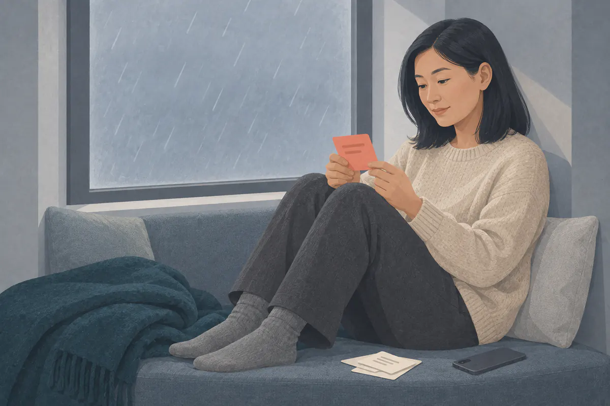 A woman reads one card from her own notes on a window seat at home.