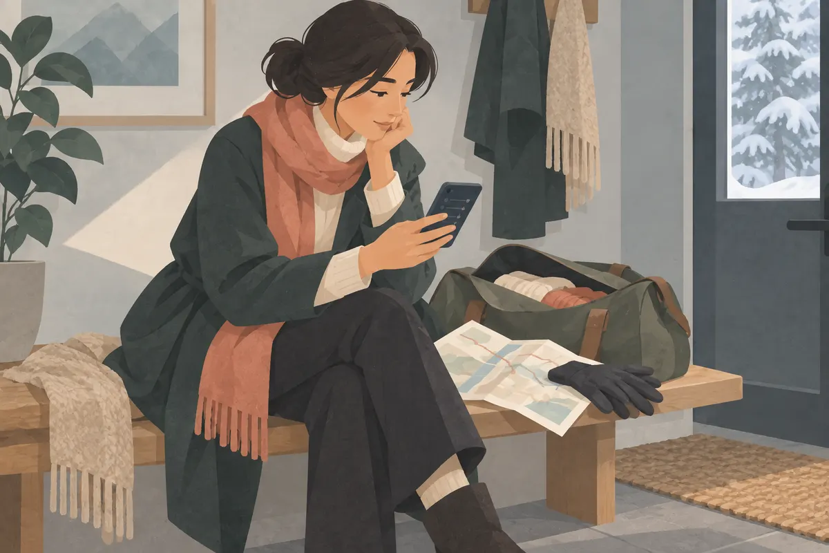 A traveller checks her route at home beside a packed winter bag and a folded map.