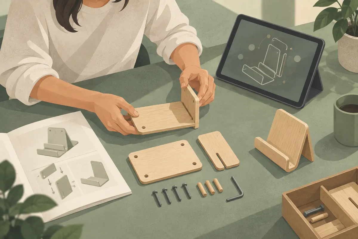 A new colleague follows a tablet and printed guide while assembling a small wooden stand.